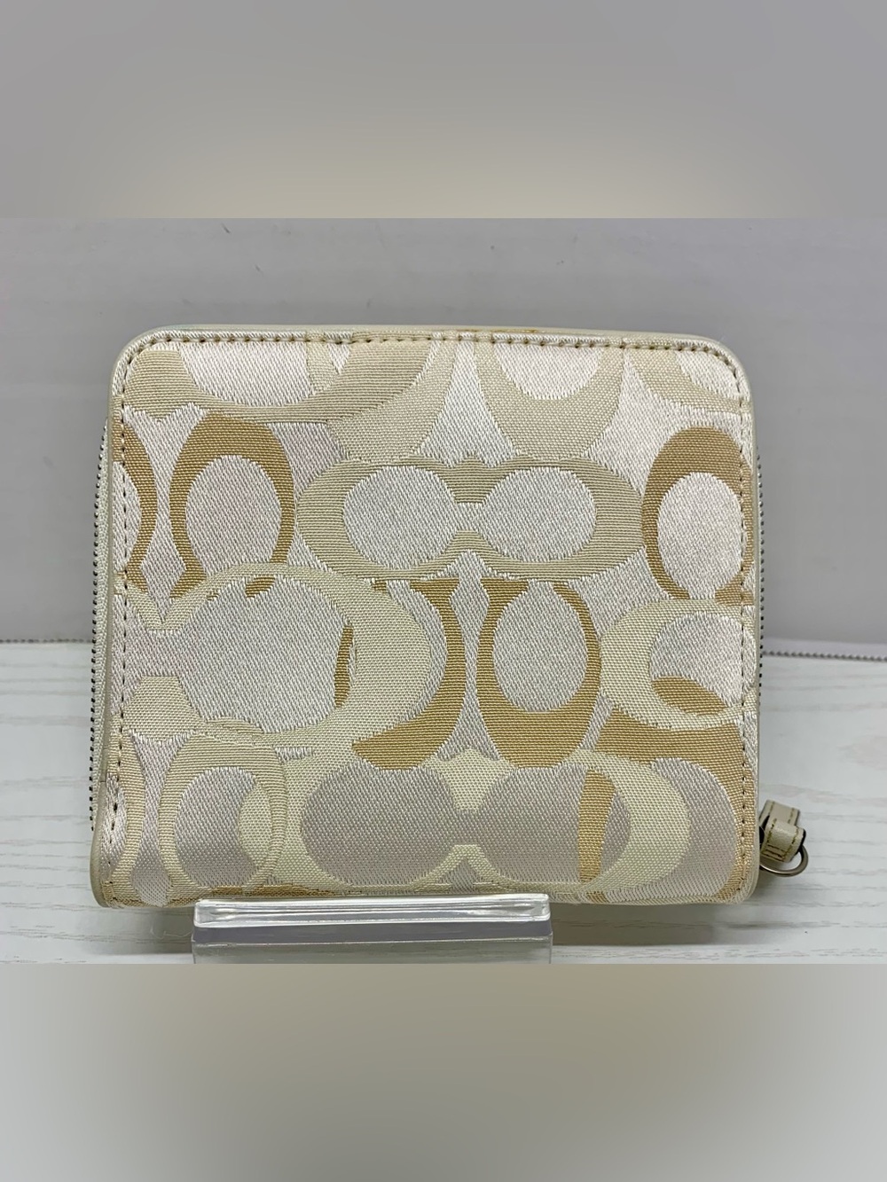 Coach Signature Zip Around Wallet Wristlet Khaki Ivory Snap Pocket - Picture 3 of 9